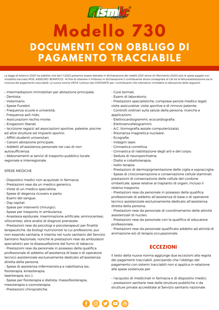 DOCUMENTI 730 CON OBBLIGO PAGAMENTO TRACCIABILE Fismic